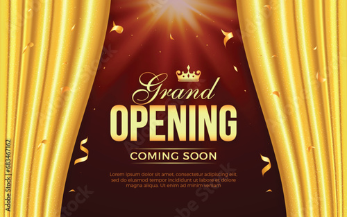 Realistic grand opening invitation banner with luxury golden silk curtains, golden elements and 3d editable text effect