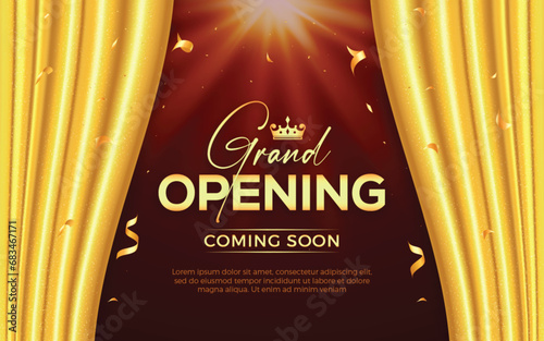 Realistic grand opening invitation banner with luxury golden silk curtains, golden elements and 3d editable text effect