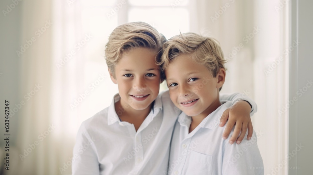 Two brothers joyfully hug in a simple, minimalist space. Two brothers joyfully hug in a simple, minimalist space.
