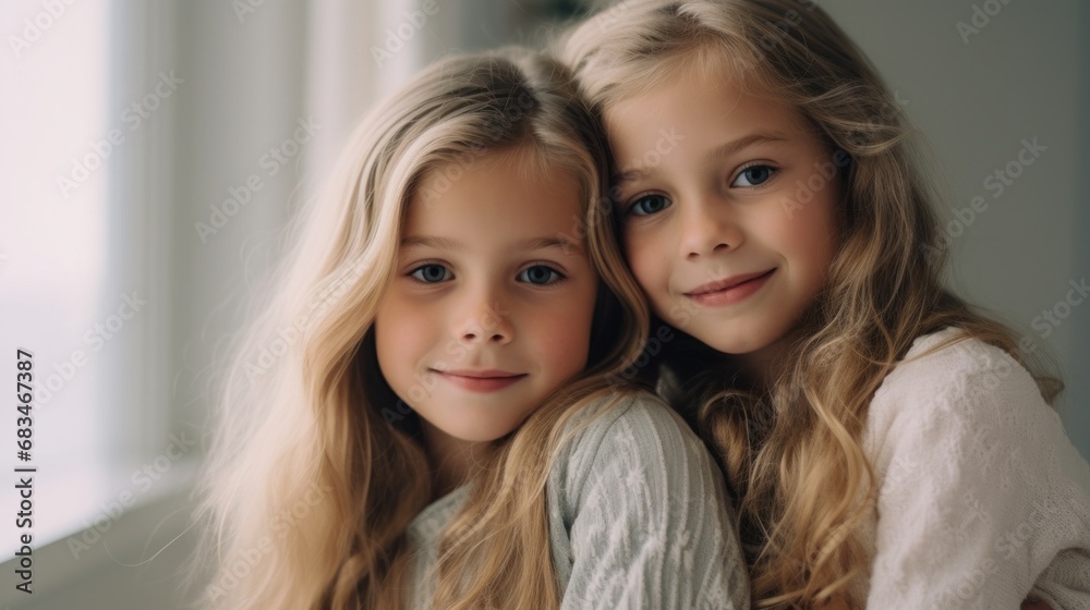 A minimalist room serves as the backdrop for the genuine hug between two sisters. A minimalist room serves as the backdrop for the genuine hug between two sisters.
