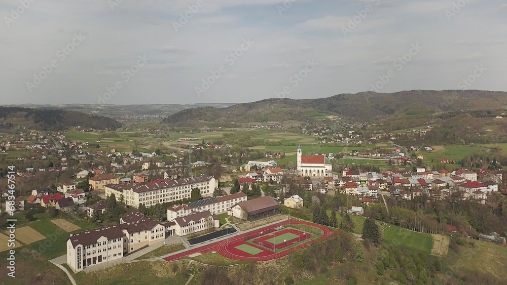 Biech, Poland - 9 9 2018: Photograph of the old part of a small town from a bird's flight. Aerial photography by drone or quadrocopter. Advertise tourist places in Europe. Planning a medieval town.