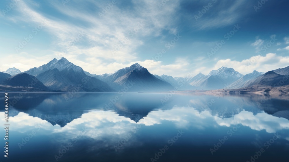  a large body of water with mountains in the background and clouds in the sky in the middle of the picture.