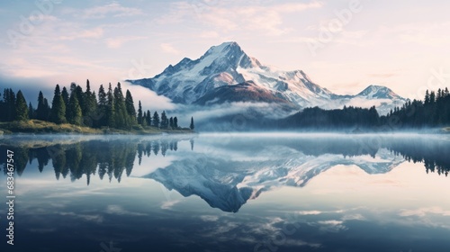  a mountain is reflected in the still water of a lake with pine trees in the foreground and a blue sky with clouds in the background.