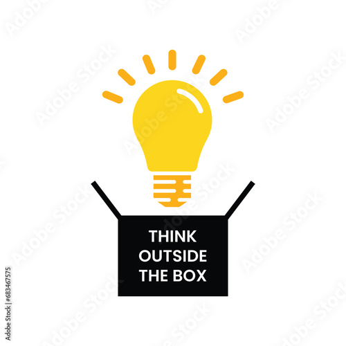 think outside the box with bulb. concept of call not to thinking stereotypically or keynote for learning. flat simple style trendy color logotype graphic art design isolated on white background photo