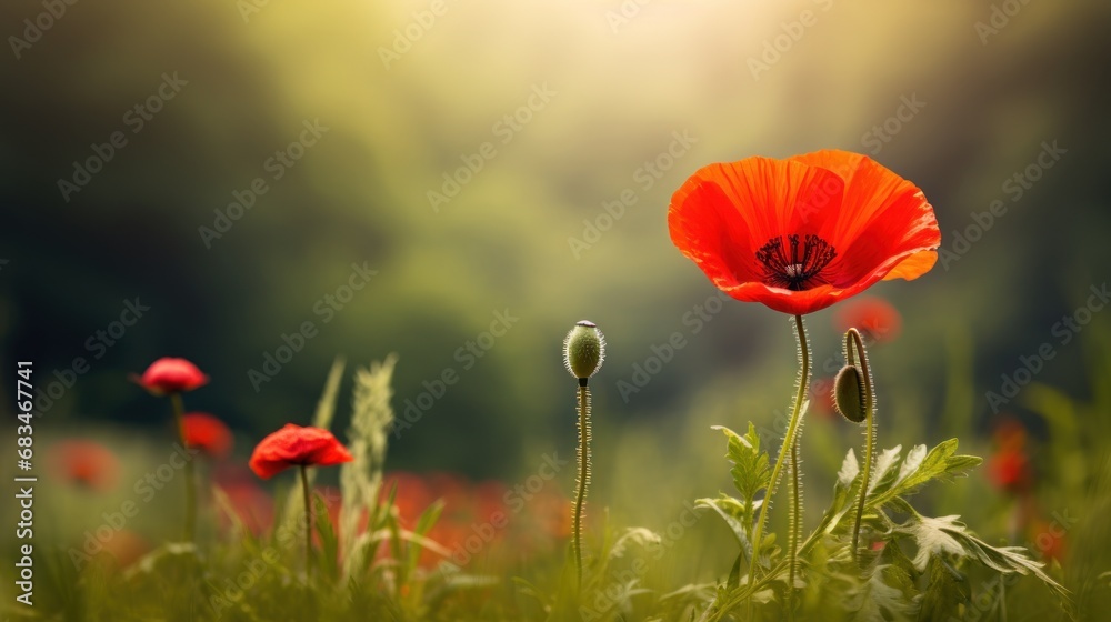 Fototapeta premium a field full of red flowers with the sun shining through the trees in the background and a green field with red flowers in the foreground.
