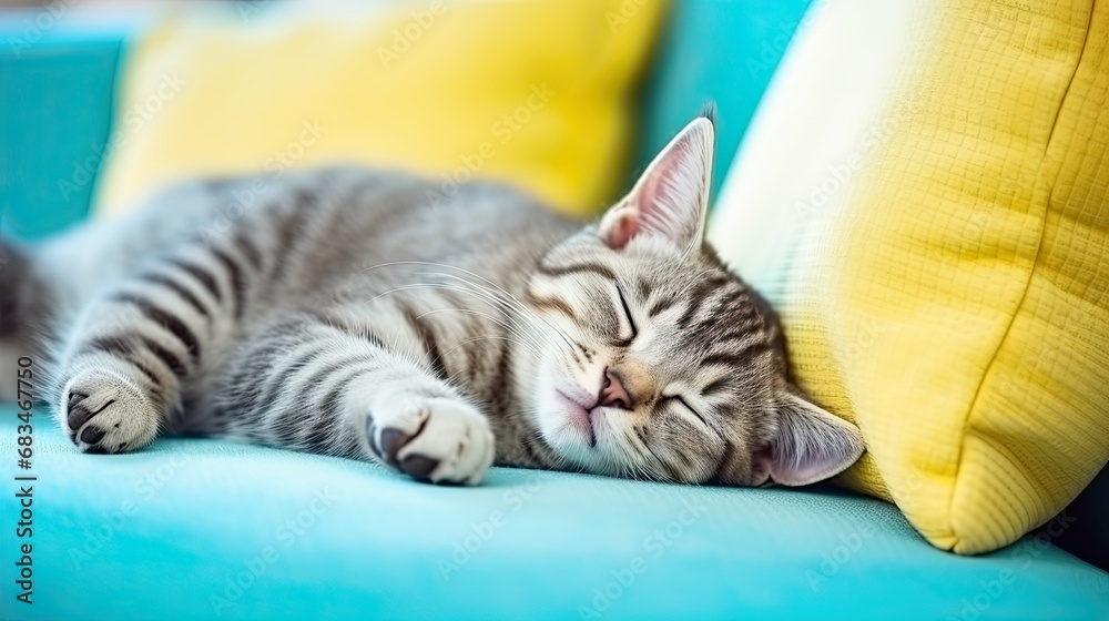 Funny home pet. Concept of relaxing and cozy wellbeing. Cute tabby cat sleeping on blue sofa with yellow pillows. Funny home pet. Concept of relaxing and cozy wellbeing. Cute tabby cat sleeping on blue sofa with yellow pillows.