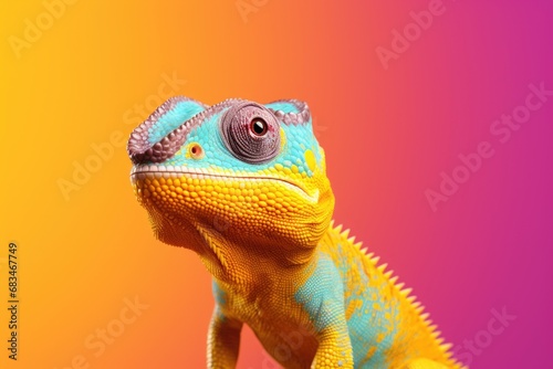 A chameleon lizard sitting on top of a table. This image can be used to depict nature, reptiles, or animal behavior. photo