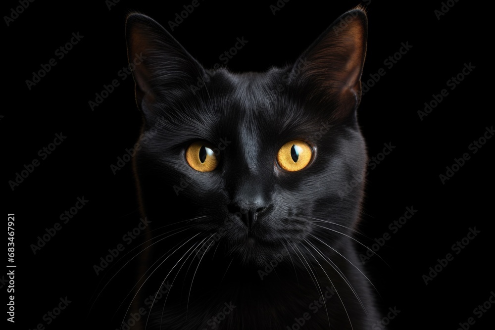 A close-up view of a black cat with striking yellow eyes. This image can be used to depict mystery, Halloween, or as a symbol of superstition.