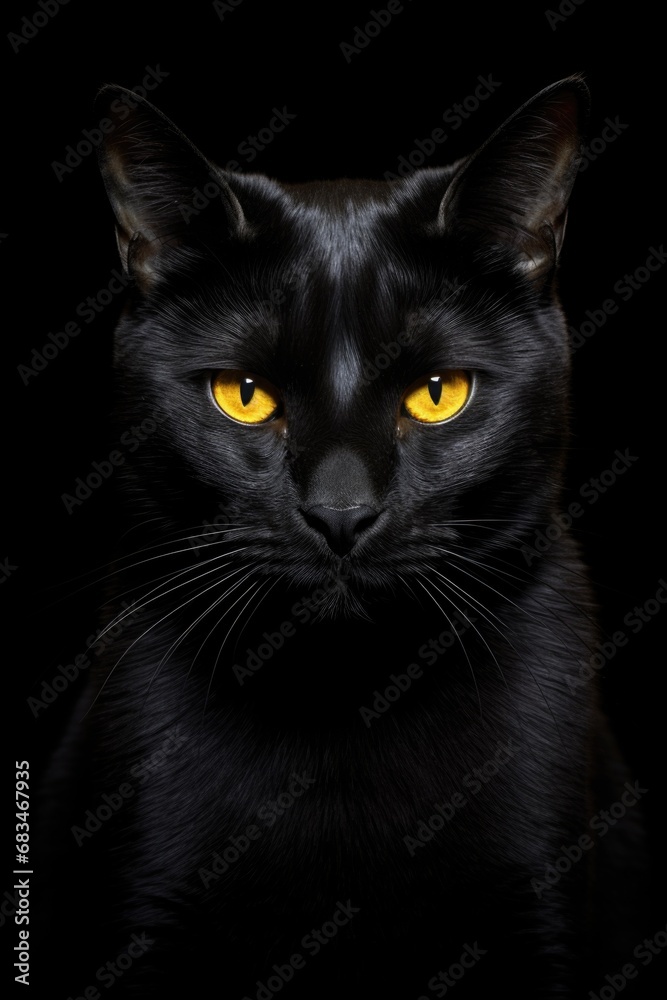 A close-up view of a black cat with striking yellow eyes. This image captures the intense gaze of the cat, showcasing its mysterious and captivating features.