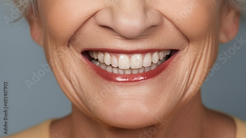 Happy senior woman smiles with perfect white teeth in a studio setting.