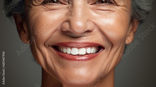 Beige studio background highlights a happy senior woman with a beautiful, toothy grin.