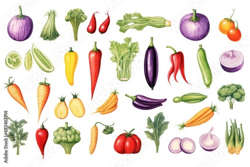 A collection of various fresh vegetables neatly arranged on a clean white surface. Perfect for illustrating healthy eating  cooking  nutrition  or farm-to-table concepts.