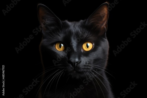 A close-up view of a black cat with striking yellow eyes. This image can be used to depict mystery, Halloween, or as a symbol of superstition.