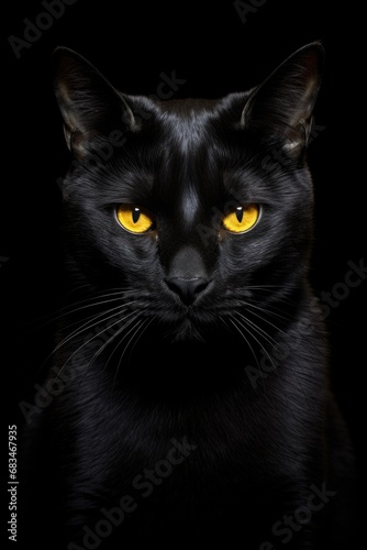 A close-up view of a black cat with striking yellow eyes. This image captures the intense gaze of the cat, showcasing its mysterious and captivating features.