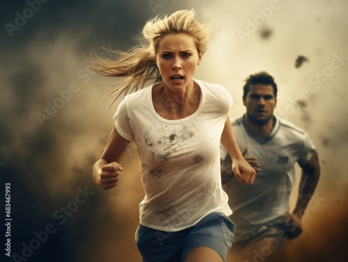 a woman running with a man in the background