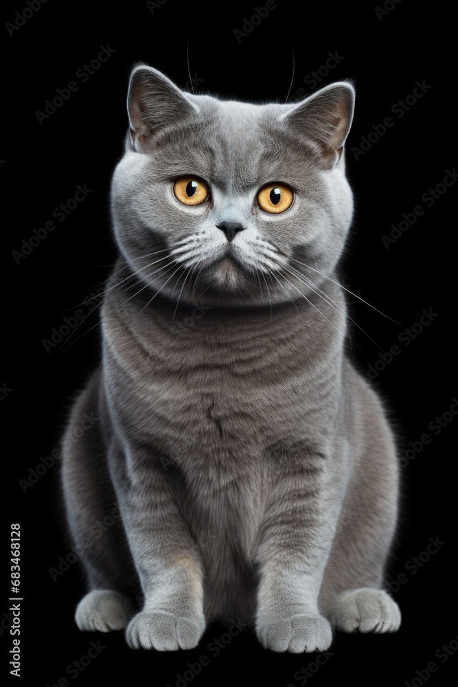 A gray cat with mesmerizing yellow eyes sitting on a sleek black surface. Perfect for pet lovers or animal-themed designs.