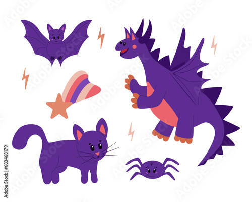 Cute and cozy magical creatures collection. Flat vector cartoon animals in purple colors. Dragon, bat, spider and cat. Perfect for printout, stickers, prints