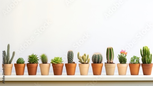 a row of potted cacti sitting on top of a white table next to each other on top of a shelf.
