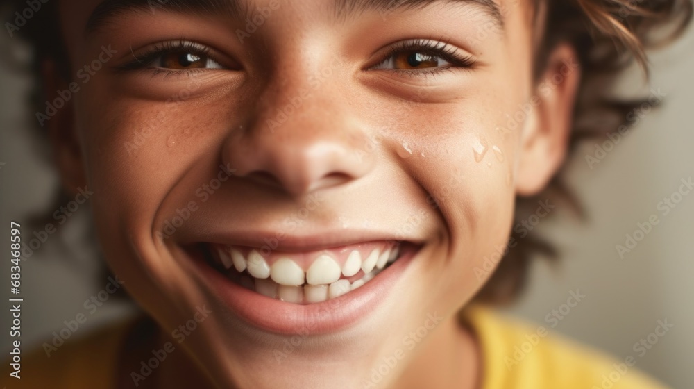 In a clear studio setting, a teen boy smiles brightly, showcasing his radiant teeth. In a clear studio setting, a teen boy smiles brightly, showcasing his radiant teeth.