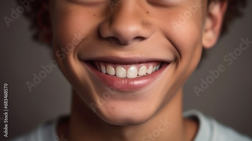 Smiling teen boy showcases flawless teeth in studio lighting.