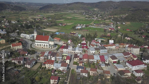 Frysztak, Poland - 9 9 2018: Photograph of the old part of a small town from a bird's flight. Aerial photography by drone or quadrocopter. Advertise tourist places in Europe. Planning