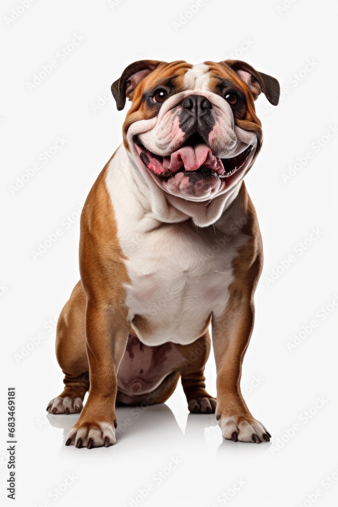 A picture of a brown and white dog sitting on a white surface. This image can be used for various purposes.