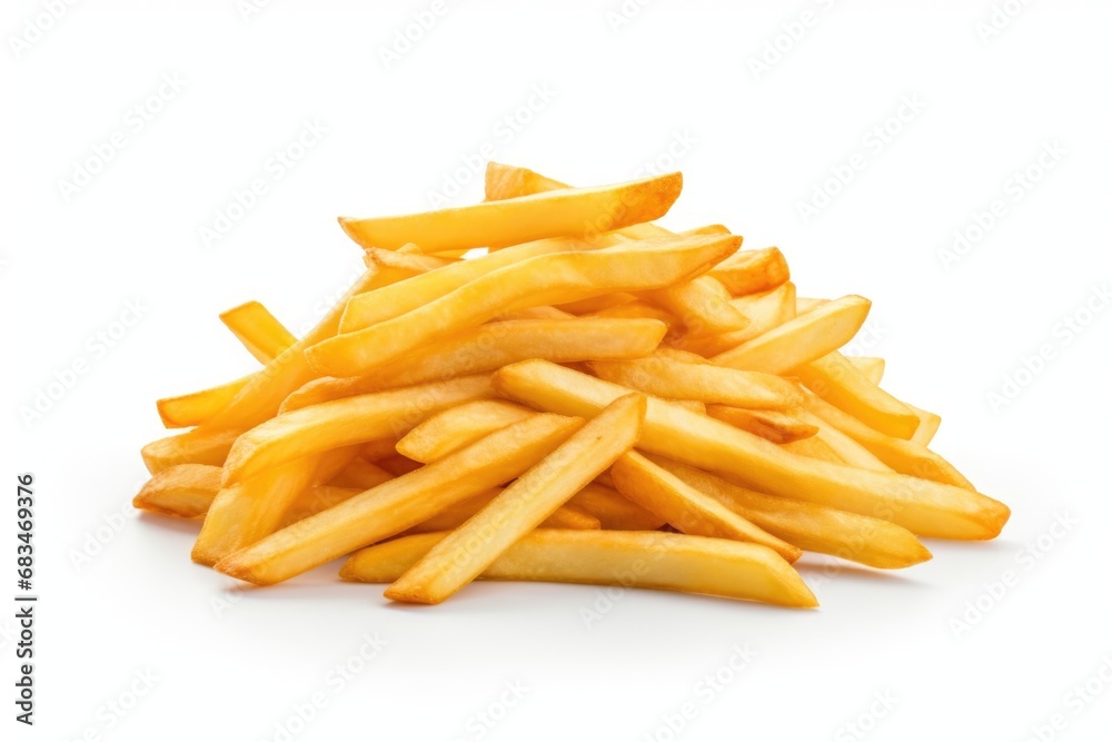 A pile of delicious French fries arranged neatly on a clean white surface. Perfect for food blogs, restaurant menus, and fast food advertisements. A pile of delicious French fries arranged neatly on a clean white surface. Perfect for food blogs, restaurant menus, and fast food advertisements.