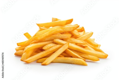 A pile of delicious French fries arranged neatly on a clean white surface. Perfect for food blogs, restaurant menus, and fast food advertisements.