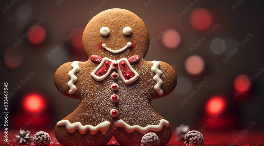 Close-up of gingerbread in the shape of a person against the background of Christmas lights, Christmas card