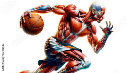 Illustration of Dummies figure anatomical athlete playing basket ball. Male model in muscular pose playing basketball at White background. generative Ai.