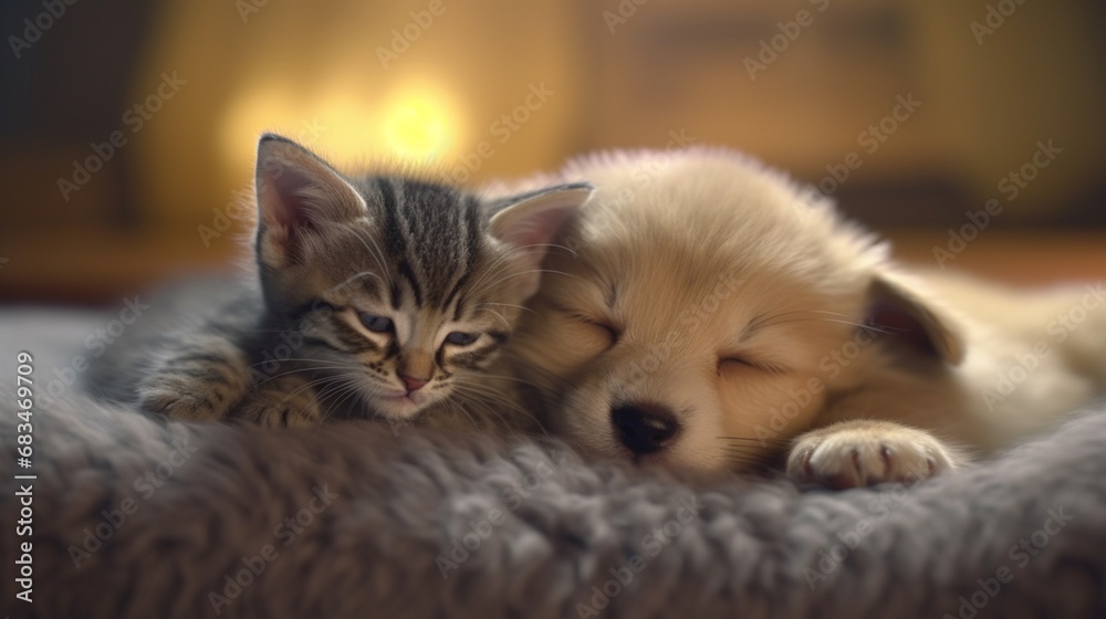 Adorable puppy and kitten lying together in a loving.Generative AI