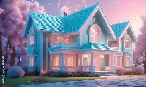 Pastelton's cute dream house view, doll house view, dreamy atmosphere. Generative AI
