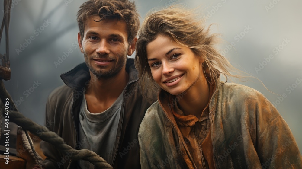 portrait of a young man and woman fisher on a fishing boat - obrazy, fototapety, plakaty 