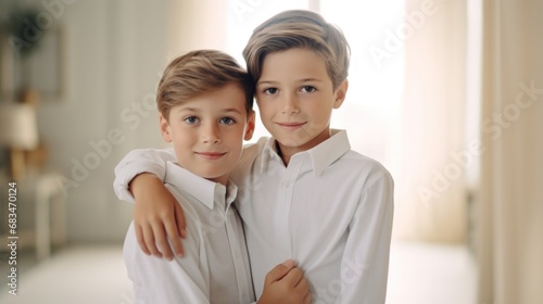 Simple happiness fills the room as two brothers share a heartfelt embrace.