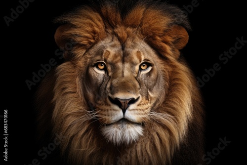 A close up photograph of a lion's face against a black background.