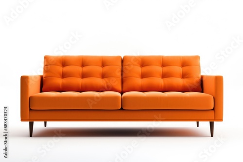An orange couch sitting on top of a white floor. This versatile image can be used to showcase modern interior design or as a background for furniture advertisements © Fotograf