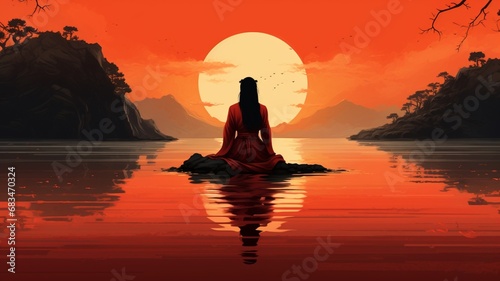 Long hair woman lotus pose practicing yoga pastel colors image Ai generated art