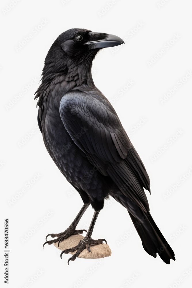 Fototapeta premium A black bird sitting on top of a rock. This image captures the serenity of nature with the bird peacefully perched on the solid rock surface. Perfect for nature-themed designs and projects