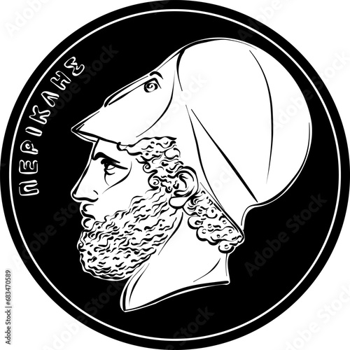 Black and white vector Greek money, obverse of 20 drachmas coin with Pericles profile photo