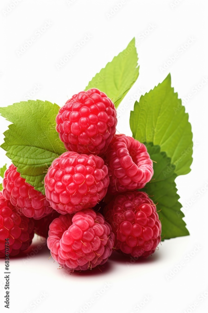 A pile of raspberries with leaves on a white background. This image can be used for food blogs, recipes, healthy eating articles, or as a background for summer-themed designs A pile of raspberries with leaves on a white background. This image can be used for food blogs, recipes, healthy eating articles, or as a background for summer-themed designs