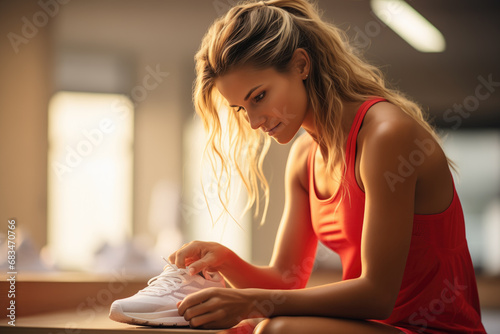 Sports girl or athlete checking her running shoes before the sports event. Sports and fitness concept