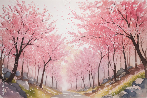 Forest backgrounds, A vibrant cherry blossom forest in full bloom, with petals gently falling in the breeze AI-Generative