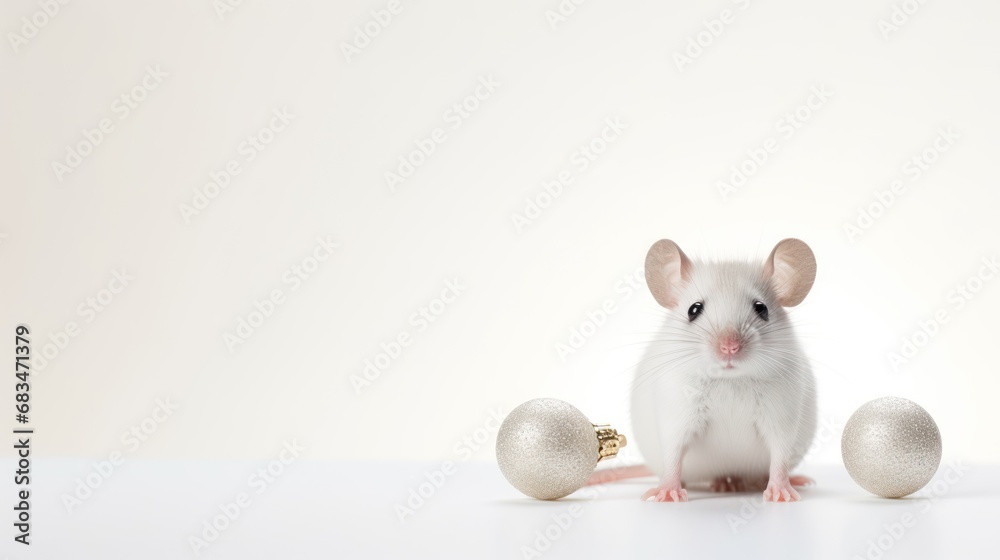 Fototapeta premium a white mouse sitting on top of a table next to two silver christmas ornament balls and a white background.