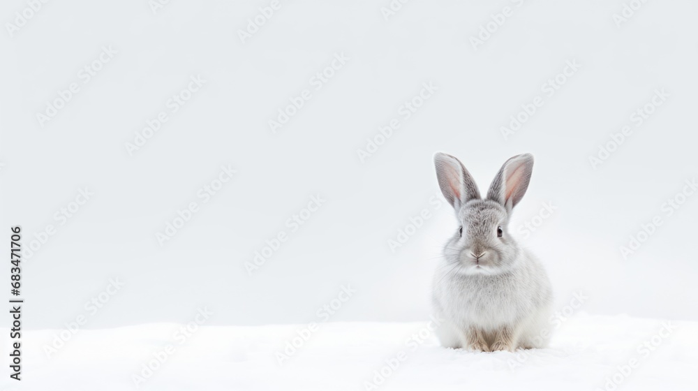 Obraz premium a white rabbit sitting in the snow looking at the camera with a sad look on it's face and ears.