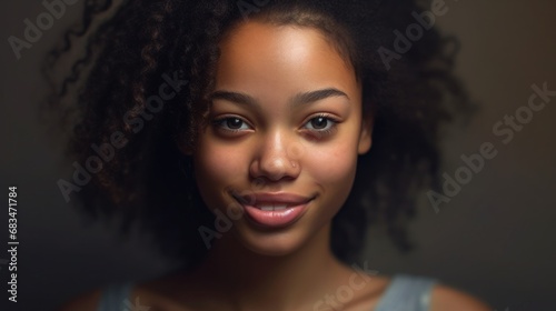 A closeup of a happy teen girl, smiling with joy, against a studio backdrop.