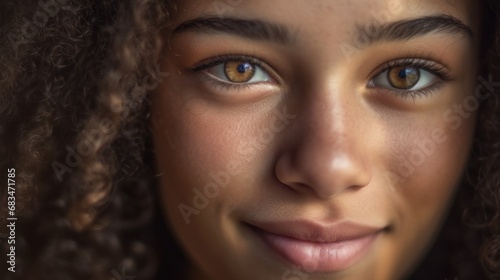 A closeup shot of a delighted teen, beaming with happiness in a studio setting.