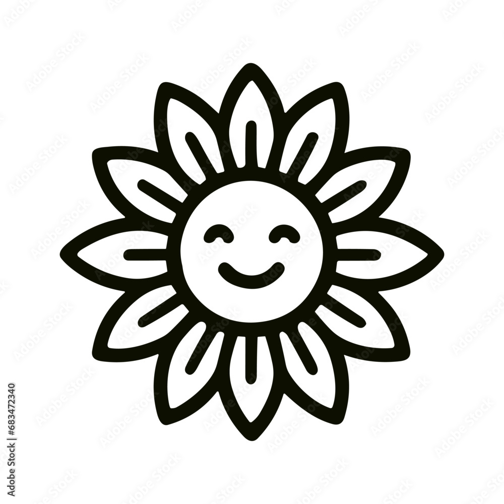 A vector image of a stylized sun with smiling faces, sharpened open pellets, a wycon in a black outline on a white background