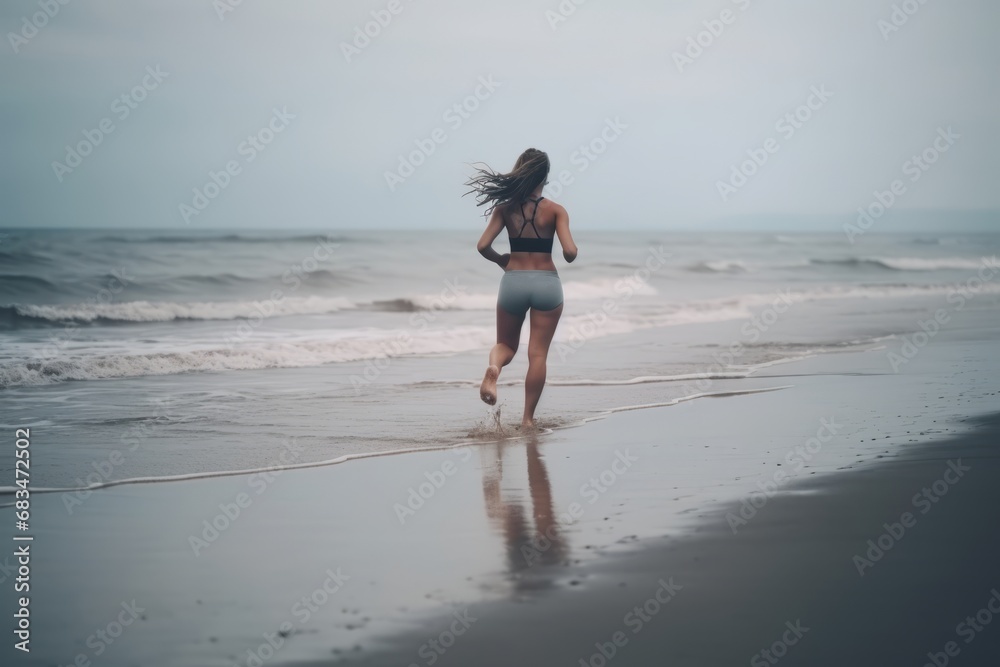 Young woman, veiw from the back, jogging along the sand beach, enjoying a refreshing run by the sea or ocean. Fitness, sport and well-being concept. Young woman, veiw from the back, jogging along the sand beach, enjoying a refreshing run by the sea or ocean. Fitness, sport and well-being concept.