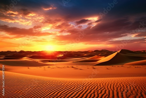 A beautiful sunset over a vast desert landscape. This image captures the serene beauty of nature at dusk. Perfect for travel  nature  and landscape themes.