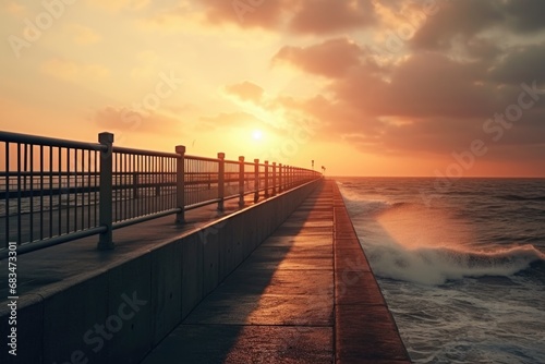 A beautiful sunset over the ocean, casting a warm glow on a pier. Perfect for adding a serene and calming touch to any project.